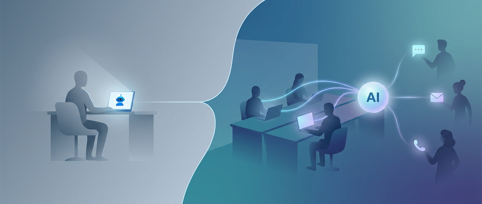 Two halves of one picture - a single user with a lone agent on the left, a team and customers connected to a shared agent on the right.