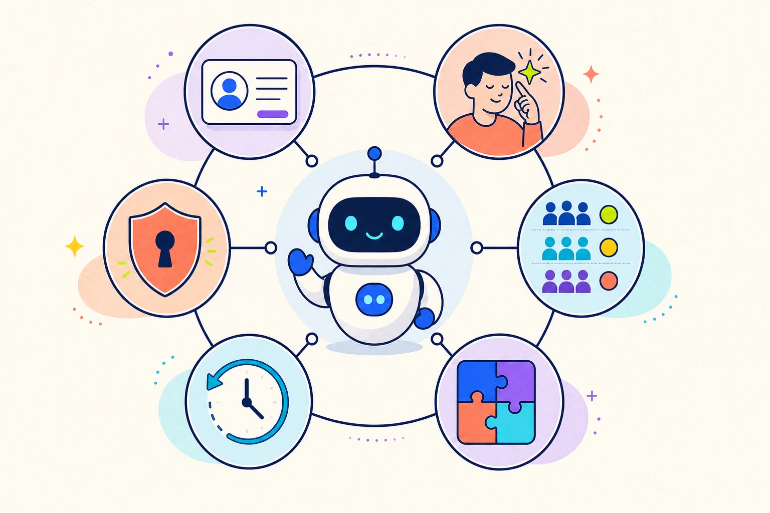 Six capabilities of a multiplayer agent: identity, per-person memory, audience-aware behavior, shared skills, change audit, role permissions.